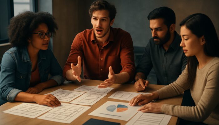 Diverse creative team planning brand video with storyboards and budget charts illuminated by cinematic lighting.