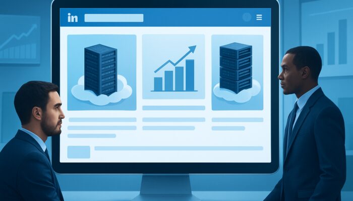 LinkedIn interface displaying B2B cloud hosting advertisements with server racks and conversion charts in a blue workspace.