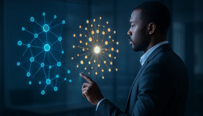 Analyst reviewing holographic LinkedIn audience maps illustrating enterprise clusters in B2B hosting visualisation.