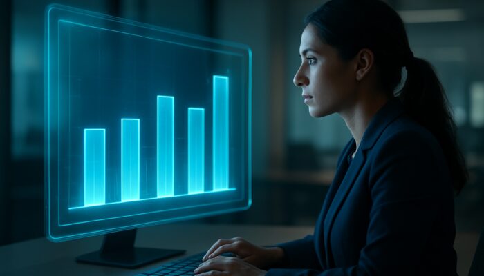 Marketer examining a holographic dashboard featuring glowing bar charts that compare video ad engagement rates to industry benchmarks.