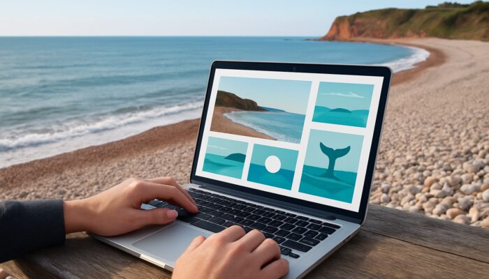 Designer reviewing WordPress portfolio on a laptop with a view of Budleigh Salterton pebble beach.